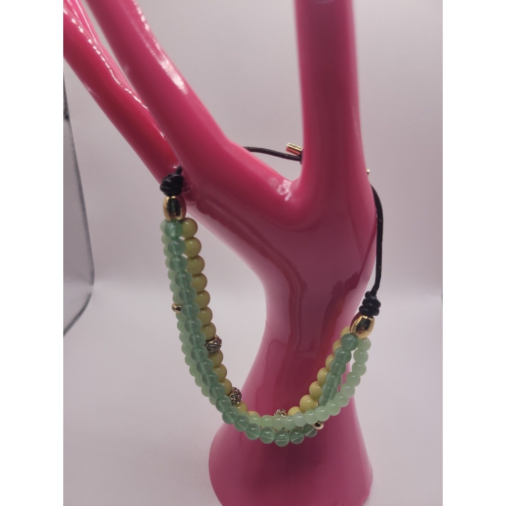 Fossil Green Yellow Multi Strand Beaded Bracelet Gold Tone Crystal Accent Slide